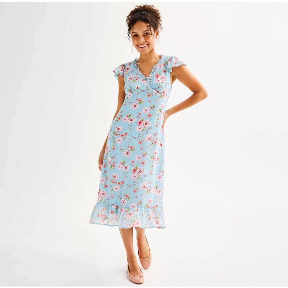 Live To Be Spoiled Women's Midi Dress Size XS JR Floral Blue Flutter Sleeve NWT